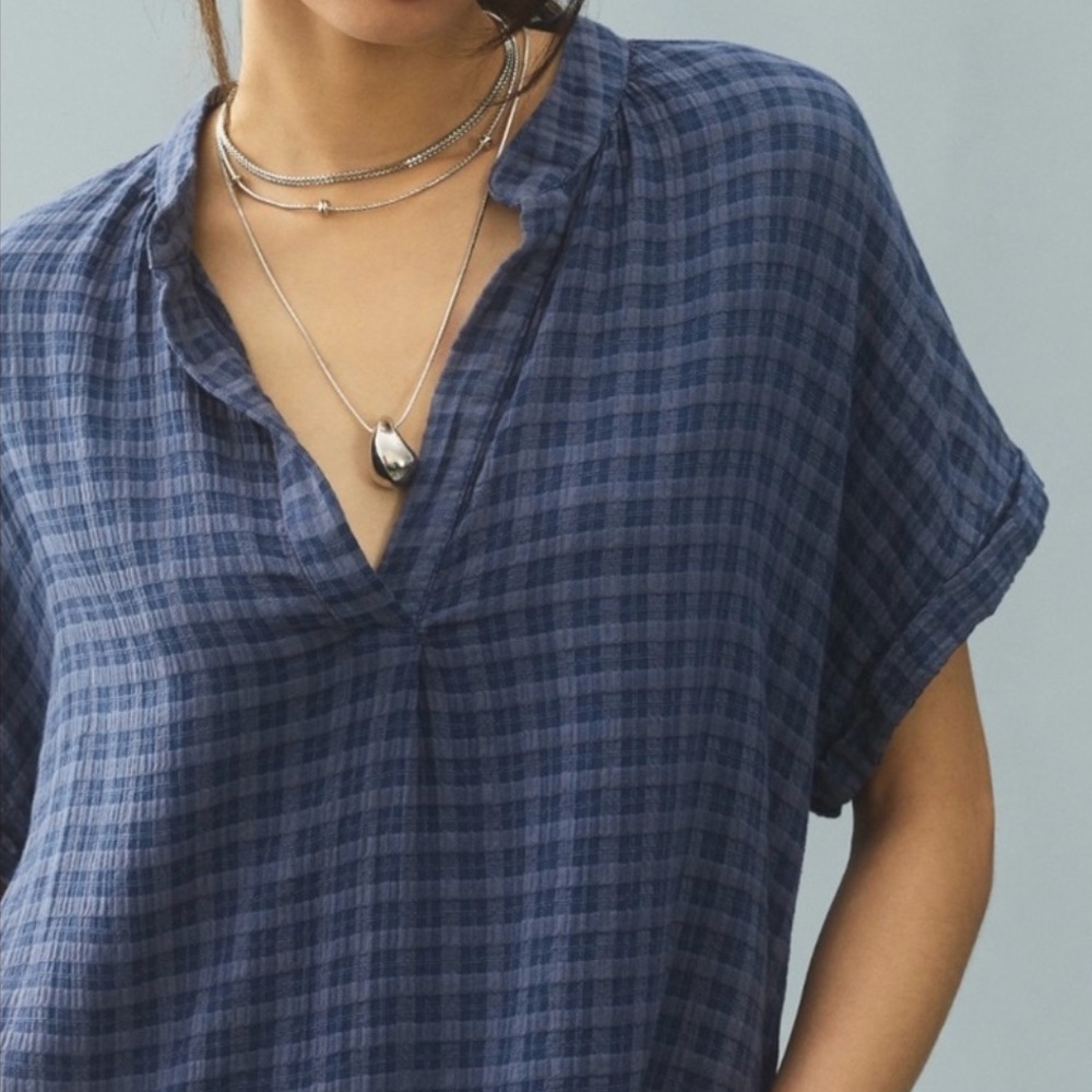 Anthropologie Cloth & Stone Blue Plaid Gauze Top • XS (Fits S/M)